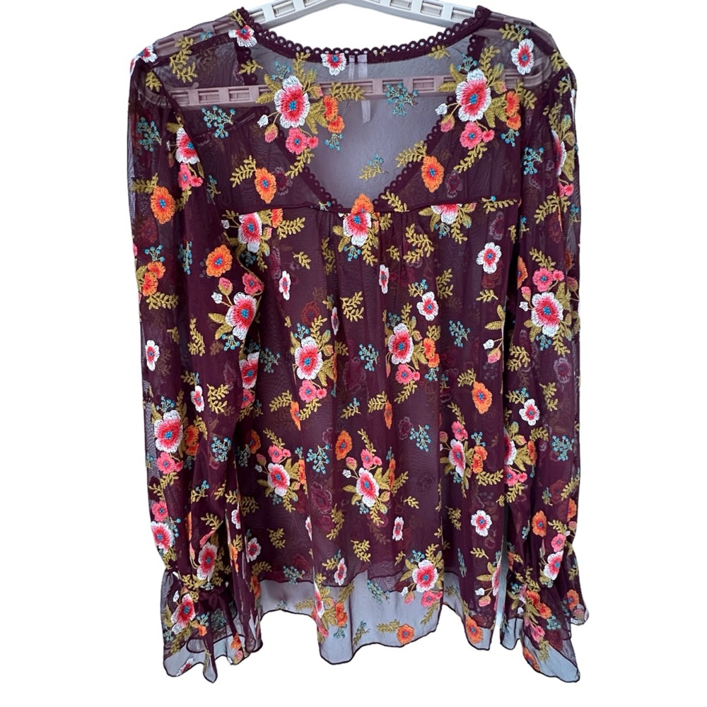 Anthropologie Burgundy Floral Blouse